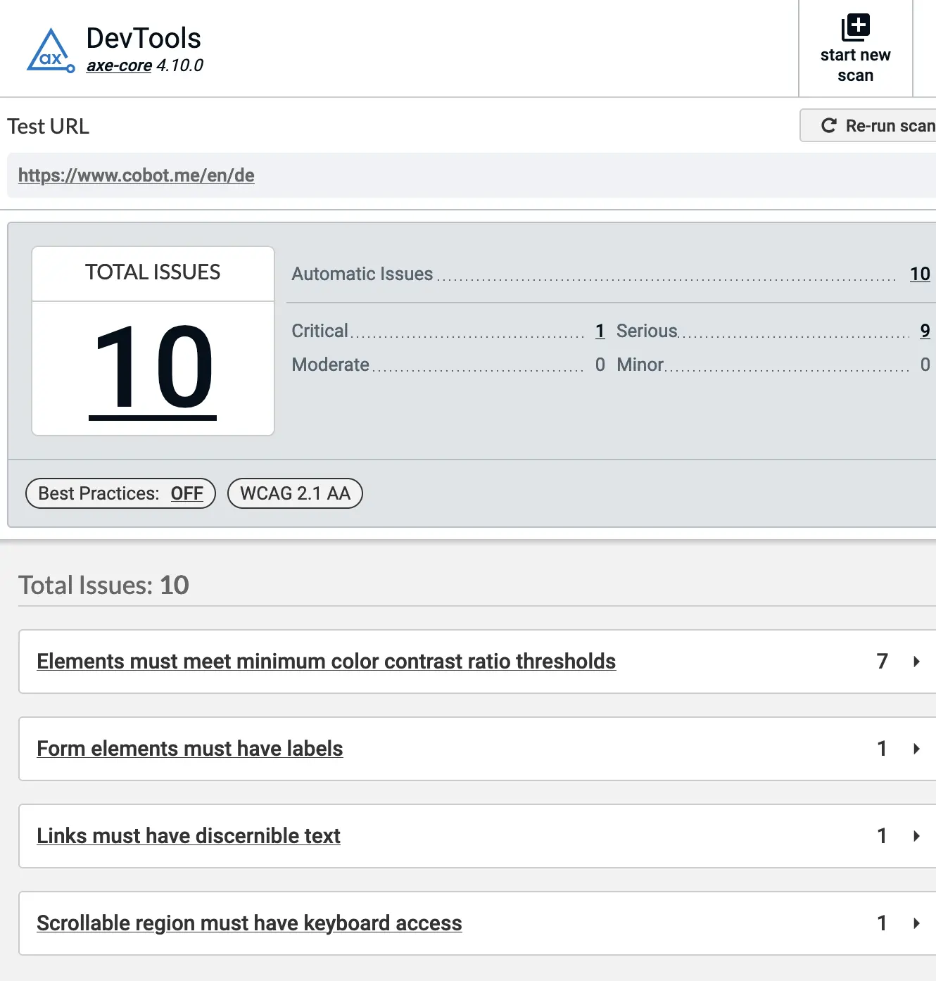 Screenshot of axe dev tools showing results of analyzing cobot.me - 10 issues