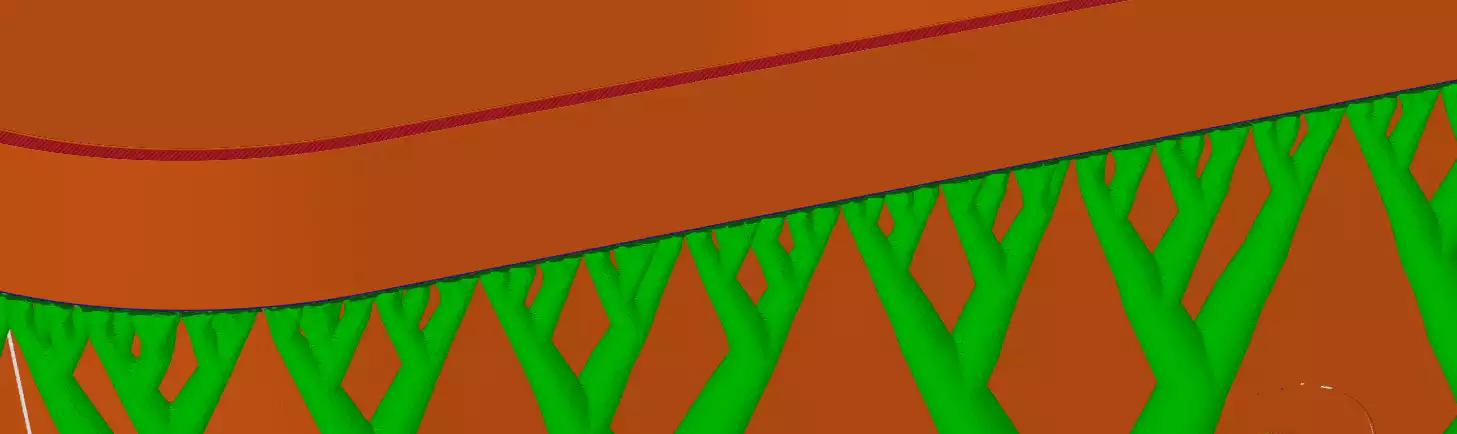Part of a bin with support structure as displayed in 3d printer slicing software.