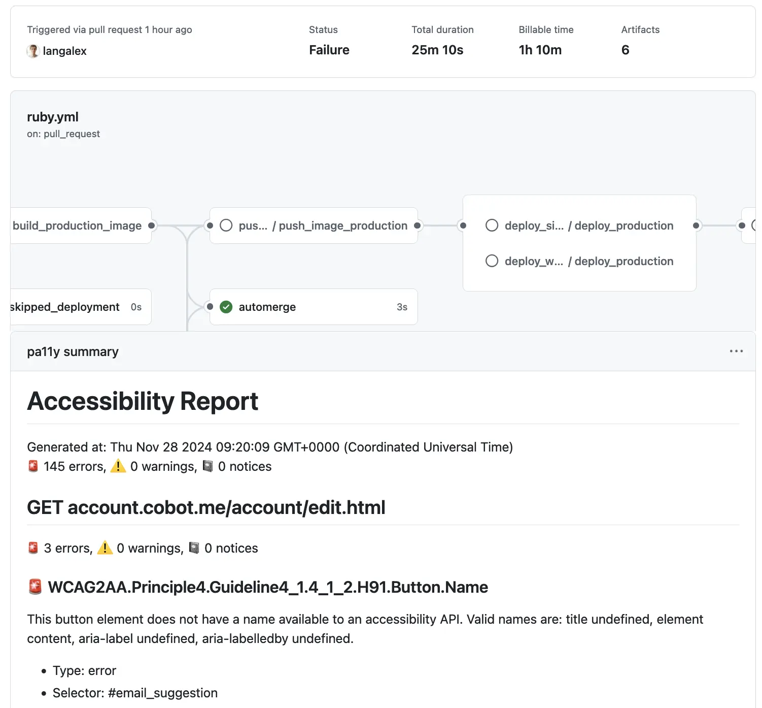 Screenshot of pa11y report on GitHub