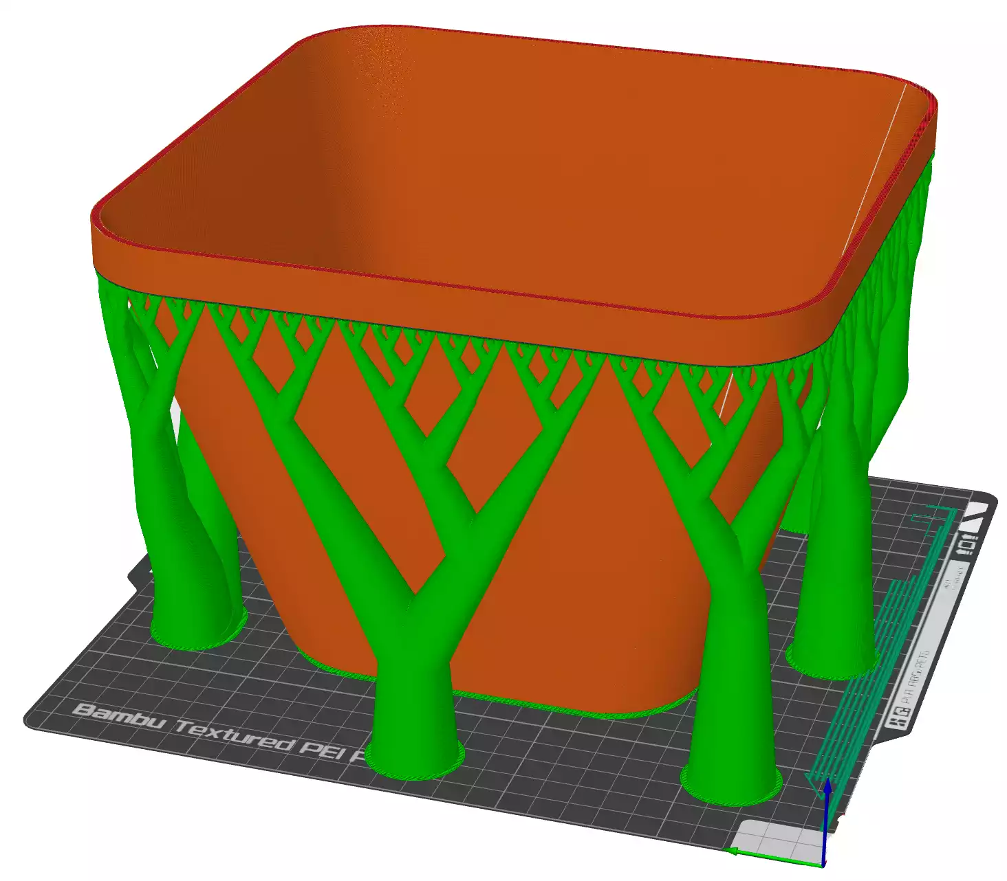 Virtual view of the print plate with tree supports in green.